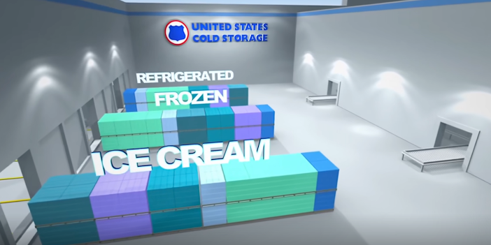 Cross-temperature consolidation: ice cream, frozen, and refrigerated riding together on one truck, made possible by the custom temperature-compatibility dataset.